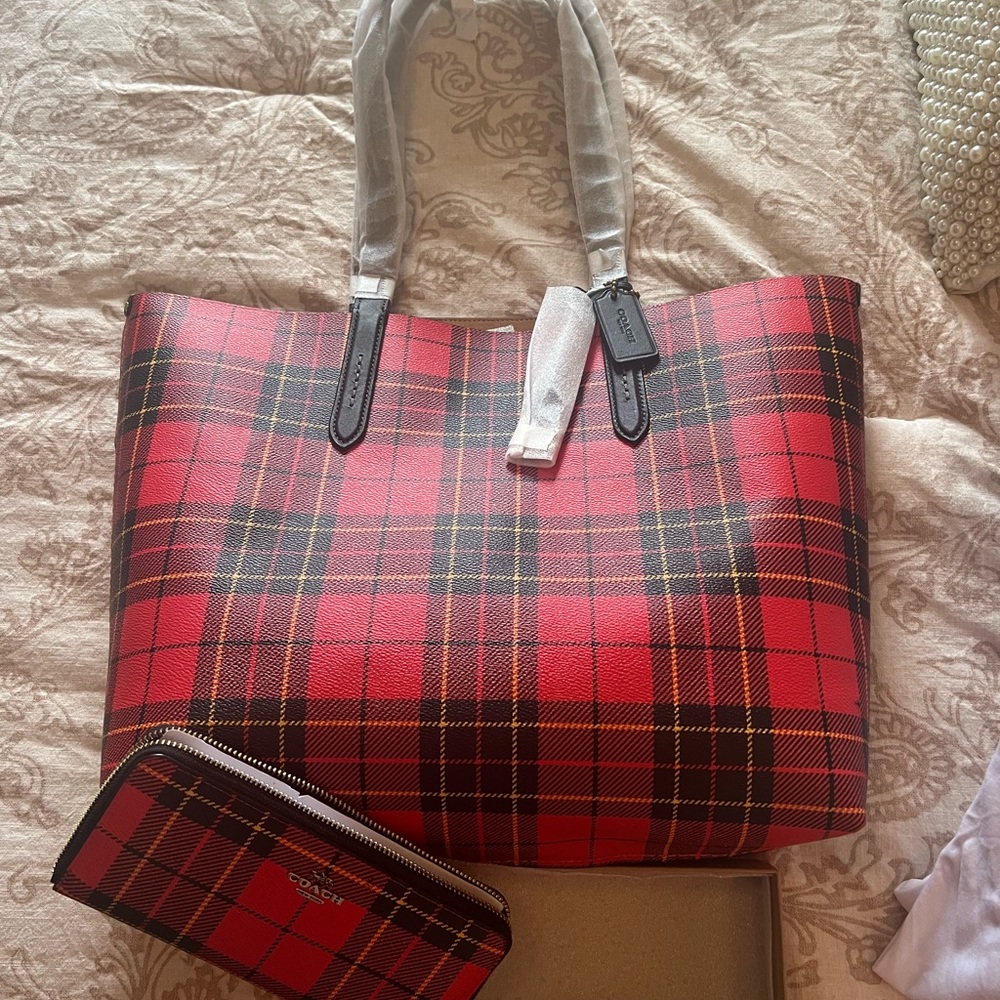 Coach Red Tartan Plaid Box Tote and matching wallet